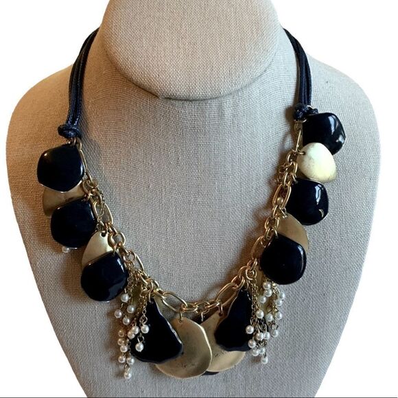 Bella Jack Gold and Navy Enamel Choker Statement Necklace with Pearls - Picture 1 of 8